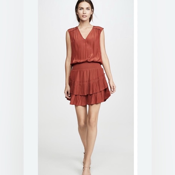 Ramy Brook Kiara Ruffle Mini Dress Brick Red M Sleeveless Smocked Waist Tiered - Picture 1 of 9